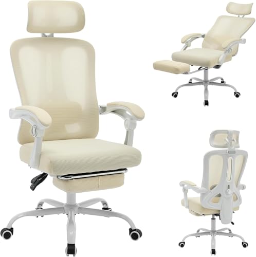 OPULENTHOME Heimbürostuhl mit Fußstütze, Drehstuhl aus Netzgewebe mit hoher Rückenlehne und Verstellbarer Lendenwirbelstütze, Computerarbeitsstühle für zu Hause, Spielzimmer,Beige von OPULENTHOME