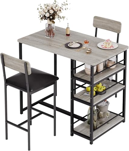 OPULENTHOME Kleiner Küchentisch für 2 Personen, Bartisch und Stühle mit 3 Etagen, Hoher Esstisch mit Gepolsterten Stühlen aus Polyurethan für Heim und Wohnung (Grau) von OPULENTHOME