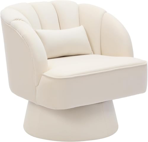 OPULENTHOME Moderner Drehsessel, 360 Grad Samt gepolsterter Sessel mit gestreifter Rückenlehne & Plüschpolsterung, bequemer runder Sessel für Wohnzimmer, Schlafzimmer, Leseecke, Beige von OPULENTHOME