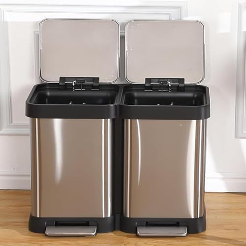 OPULENTHOME Mülleimer 2 Fächer, Mülltrennsystem,2 x 20 Liter Mülleimer Küche aus Edelstahl,Anti-Fingerabdruck, Softclose-Deckel, Fußbetätigter Mülleimer,Ohne Inneneimer, Silber von OPULENTHOME