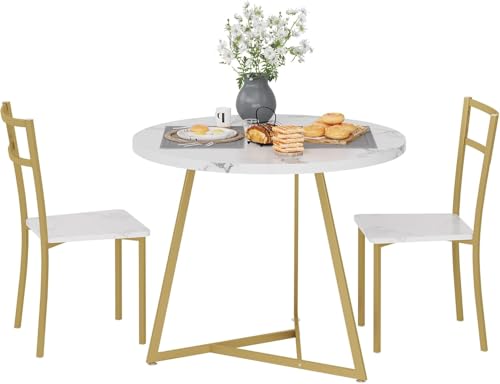 OPULENTHOME Runder Esstisch Set für 2, Küchentisch und Stühle für 2, 3 Stück Frühstücksbar Tisch und Hocker Set für Kleinen Raum, Wohnung, Esszimmer, Studio, Marmor Weiß Gold von OPULENTHOME