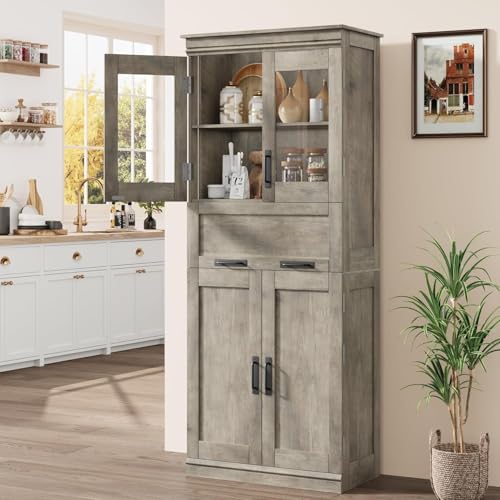 OPULENTHOME Rustikaler Brauner Vorratsschrank – 170 cm Hoher Freistehender Küchenschrank Mit Türen Und Regalen, Schublade für Wohnzimmer Und Badezimmer (Doppeltüren), Grau von OPULENTHOME