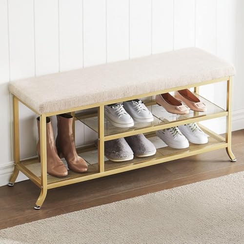 OPULENTHOME Schuhregal mit Sitzfläche, 3 Ebenen Schuhbank Gepolstert 100 x 32 x 48cm, Sitzbank Gold mit Verstellbaren Füßen Metallbeine,für Wohnzimmer, Schlafzimmer, Flur von OPULENTHOME