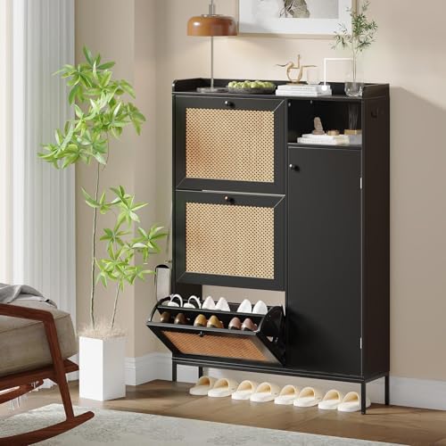 OPULENTHOME Schuhschrank aus Rattan mit 3 Ebenen – verstellbare Regale & kippbare Schubladen – enge Aufbewahrung für Eingangsbereich / Flur mit schwarzem Schutzgitter OPULENTHOME Schuhschrank aus Rattan mit 3 Ebenen – verstellbare Regale & kippbare Schubladen – enge Aufbewahrung für Eingangsbereich / Flur mit schwarzem Schutzgitter von OPULENTHOME
