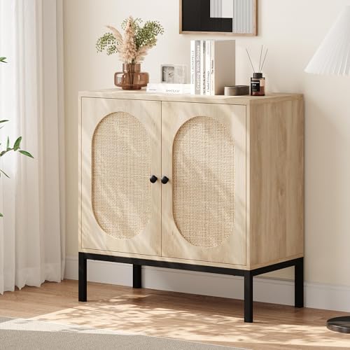 OPULENTHOME Rattan Sideboard, Küchenschrank Holz, Buffetschrank mit 2 Türen, Mit Verstellbarem Regal,Hoch Metallrohr Bein Design, für Wohnzimmer, Küche, Esszimmer, 80x40x83cm von OPULENTHOME