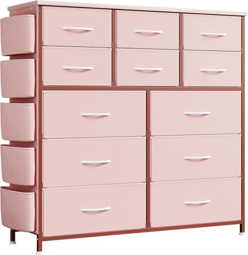 OPULENTHOME Stoffkommode mit 12 Schubladen, große Kapazität, mit Haken, Seitentasche, verstärkter Metallrahmen, verstellbare Beine, für Schlafzimmer, Wohnzimmer, Flur oder Badezimmer (Rosa) von OPULENTHOME