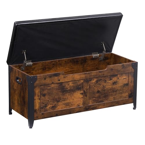OPULENTHOME Truhe Mit Deckel,Sitzbank Mit Stauraum,100cm Lang,Mit 2 Sicherheitsscharnieren,Verstärkter Metallrahmen,136KG Belastbar, Sitztruhe Holz für Flur,Schlafzimmer,Wohnzimmer,Braun von OPULENTHOME