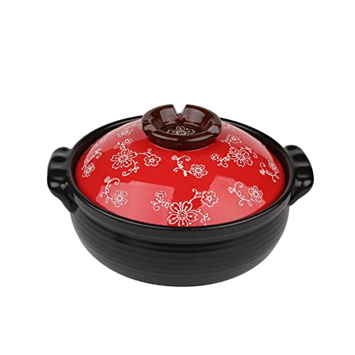 OQHAIR Topf Vintage handbemalter Keramik-Auflauf Kirschblüten Gasherd Eintopf Suppentopf 2L Hühnersuppentopf für offenes Feuer (2L rot) von OQHAIR
