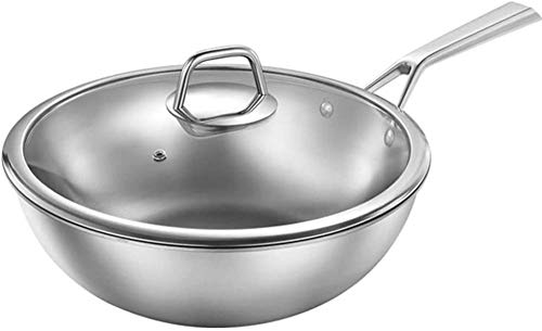 OQHAIR Wok und Pfannen, Reiner Titan-Wok – gesunder, unbeschichteter Wok mit flachem Boden/Verbundmaterial, effiziente Wärmeleitung, mit Deckel (Silber) – 32 cm (Golden, Silber 32 cm) von OQHAIR