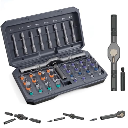 42 IN 1 Magnetischer Schraubendreher Set mit eingebaute hochpräzise Ratschenmechanismus verringert die Ermüdung der Hand, Abnehmbare Bohrerdesign, Ideal für enge Arbeitsbereiche, 40 Bits, Grau von OQIMAX