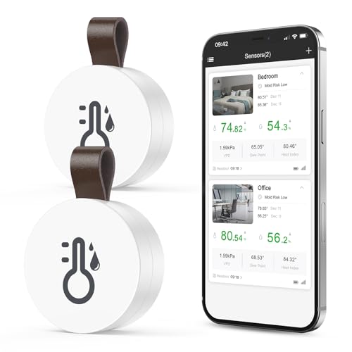 OQIMAX Bluetooth Thermometer Hygrometer, Temperatur und Luftfeuchtigkeitsmesser mit APP & Datenspeicherung, Digital Temperatur Feuchtigkeitssensor für Büro, Gewächshaus, Weinkeller, 2 Stück von OQIMAX