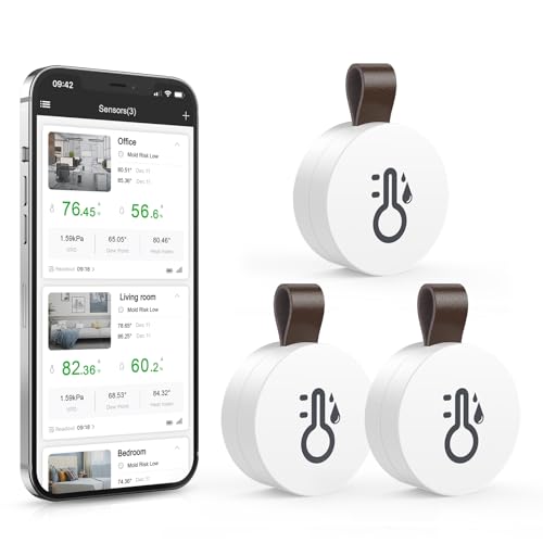 OQIMAX Bluetooth Thermometer Hygrometer, Temperatur und Luftfeuchtigkeitsmesser mit APP & Datenspeicherung, Digital Temperatur Feuchtigkeitssensor für Haus, Gewächshaus, Weinkeller, 3 Stück von OQIMAX