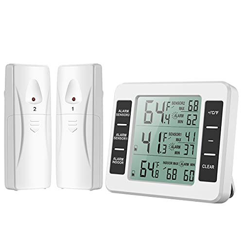 OQIMAX Kühlschrankthermometer, Gefrierschrankthermometer mit Alarm Digitales Kühlschrankthermometer mit 2 Sensoren Thermometer für Innen und Außen mit Temperaturalarm min./max. von OQIMAX