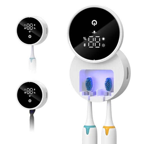 OQIMAX Zahnbürsten Sterilisator mit UV licht & 60°C Trockner – Intelligenter Sensor, Wiederaufladbare Zahnbürstenhalter, Wandmontage Ohne Bohren, 2 Zahnbürstenschlitzen von OQIMAX