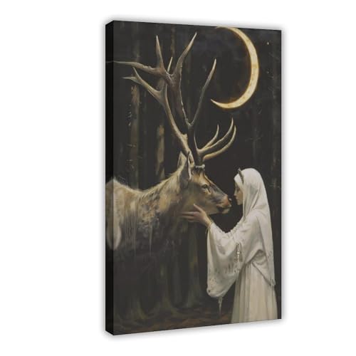 OQUAJK Kunstposter mit Hirsch und Hexe, Leinwandposter, Wandkunst, Dekordruck, Bild Gemälde für Wohnzimmer, Schlafzimmer, Dekoration, 60 x 90 cm von OQUAJK
