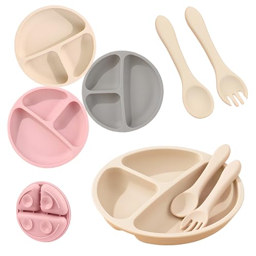 ORAGKE 3 Silikon Baby Teller mit Saugnapf | 5er Baby Geschirrset | 2 Kinderbesteck | Babyteller/Löffel/Gabel | Kinderteller für BLW Beikost | Rutschfest, BPA-frei, Spülmaschinenfest | Pink/Beige/Grau von ORAGKE
