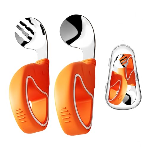 ORAGKE Kinderbesteck ab 1 jahr, Baby Besteck Edelstahl, Esslernbesteck mit Ergonomischer Silikongriff, Lernlöffel Baby, Baby Gabel, Kinder Besteckset, Babylöffel zum Selber Essen, mit Etui (Orange) von ORAGKE