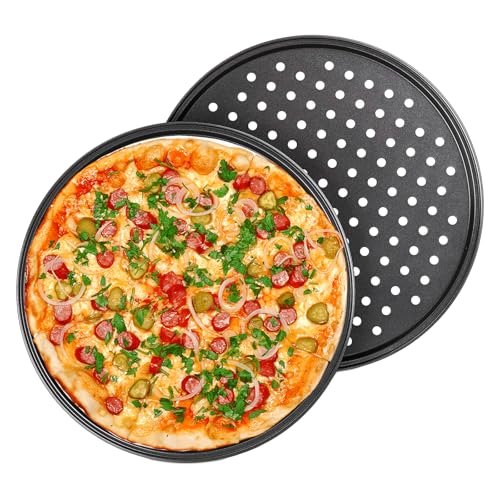 ORAGKE Pizzablech & Lochblech Ø 32 cm, Pizzablech Rund 2er Set Carbonstahl, Pizzaform Antihaftbeschichtet, Backblech Rund für Pizza & Flammkuchen, Pizza Blech Hitzebeständig bis 230°C, Schwarz von ORAGKE