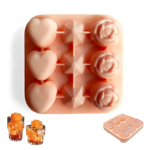 Eiswürfelform Silikon, 3-in-1 Silikon Eiswürfelform Mit Deckel 9 Stück (3 Rosen, 3 Diamanten, 3 Herzen), Wiederverwendbare Eiswürfelschalen Whiskey, Cocktail von ORARTMM