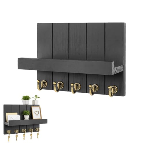 ORARTMM Schlüsselbrett Holz mit 5 Haken,Dekoratives Wandregal für Schlüssel, Schlüsselbrett mit Ablage, Schlüsselkasten aus Holz für Eingang, Flur, Wohnzimmer,Schwarz von ORARTMM