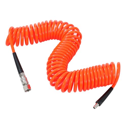 ORAZIO Druckluftschlauch Spiralschlauch aus Polyurethan 10 m lang, 7 mm Innendurchmesser x 10 mm Außendurchmesser, Luftschlauch mit 1/4" europäischem Schnellverbinder und Stecker von ORAZIO
