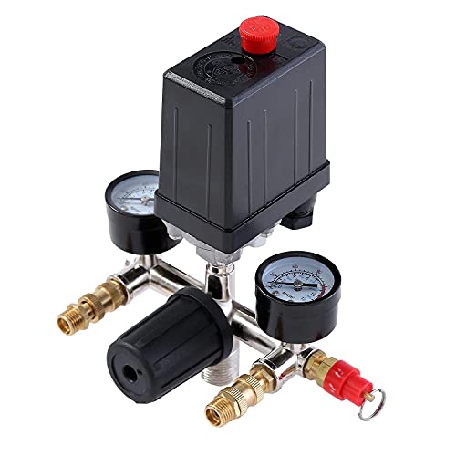 ORAZIO Luftkompressor Druckschalter G1/4" mit Doppelausgängen und Sicherheitsventil Manometer Regler, Hochleistungs Druckschalter Steuerventil mit 220V 16A SP24118002 von ORAZIO