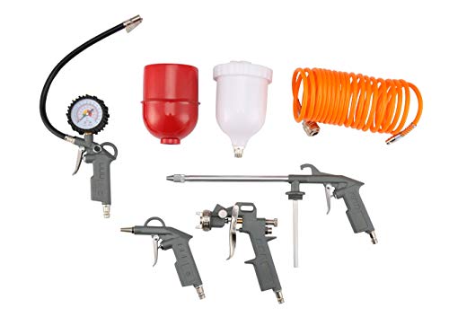 Orazio Druckluft Zubehör Set für Kompressor 5 Stück - Farbspritzpistole mit Fließbecher + Reifenfüller mit Manometer + Paraffin-Sprühpistole + Blaspistole + 5M Spiralschlauch von ORAZIO