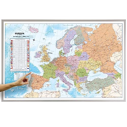 ORBIT GLOBES & MAPS - Politische Europakarte in deutsch, Pinnwand mit Holzrahmen, Aktuell 2023, 90x60 cm, deutsch, Maßstab 1:46 Mio mit Fähnchen und Pins sowie Befestigungsmaterial von ORBIT GLOBES & MAPS