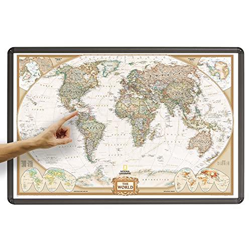 ORBIT Globes & Maps - Weltkarte mit Kartenbild von National Geographic - Pinnwand mit Alurahmen, Aktuell 2019, 90x60 cm, englisch, Maßstab 1:46 Mio mit Fähnchen und Pins sowie Befestigungsmaterial von ORBIT GLOBES & MAPS