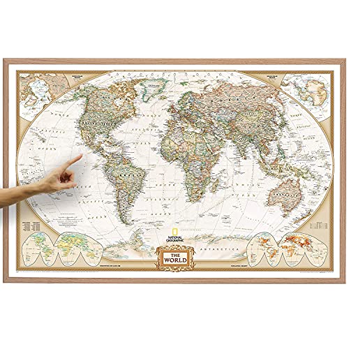 ORBIT Globes & Maps - Weltkarte mit Kartenbild von National Geographic - Pinnwand mit Holzrahmen, Aktuell 2023, 90x60 cm, englisch, Maßstab 1:46 Mio mit Fähnchen und Pins sowie Befestigungsmaterial von ORBIT GLOBES & MAPS
