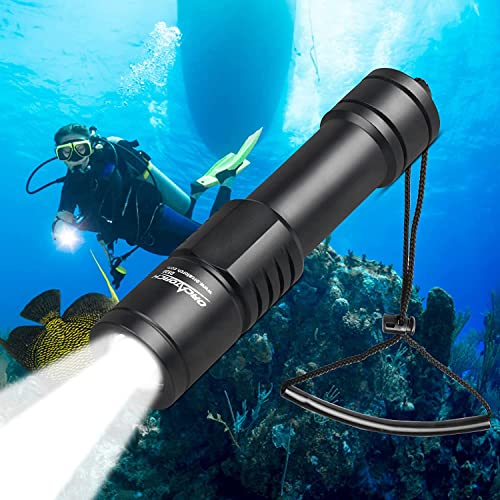 ORCATORCH D520 Tauchlampe 1000 Lumen Tauchen Taschenlampe Mechanische Kopfdrehung EIN/AUS LED Tauchen Licht IP68 wasserdichte Nachttauchlampe mit 2 Batterie für Unterwasser 150M Tauchen, Camping von ORCATORCH