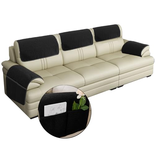OREZAUQS Armlehnenschoner Lamm Samt Armlehnenbezüge mit Taschen rutschfeste Armlehnenschoner Kopfstützenbezug für Sofa Stuhl Couch Waschbarer (Schwarz,A+4*B+C) von OREZAUQS