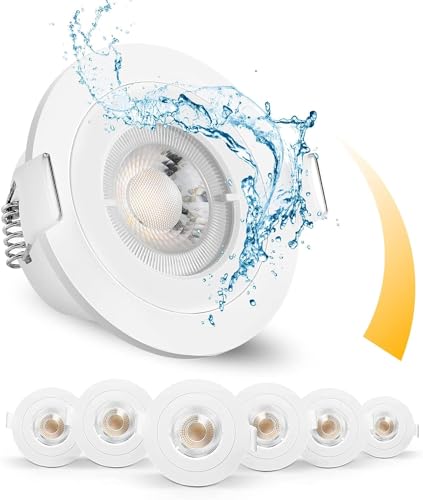 OREiN Dimmbar LED Einbaustrahler 6.5W, IP65 LED Spots 3000K Warmweiß, 650LM Deckenstrahler Deckenspots von 36°, 68mm Einbauleuchten Einbauspots 220-240V für Dusche/Wohnzimmer, 6 Stück von OREiN