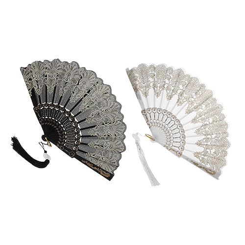 ORFOFE 2 Stück Faltbarer Chinesischer Handfächer Goldener Stickerei und Quaste Leichter Handventilator für Damen für Hochzeit Tanz Fotografie und Sommerliche Anlässe von ORFOFE