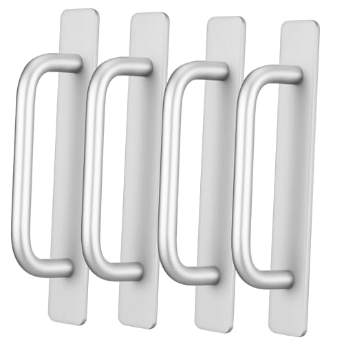 ORFOFE 4 Stück Selbstklebende Aluminiumlegierung Türgriffe für Schränke Kleiderschränke Modernes Design Starke Haftung Einfache Montage ohne Bohren Silberfarben Vielseitig Verwendbar von ORFOFE
