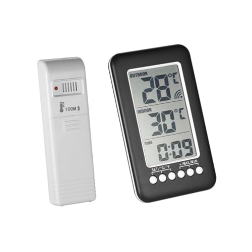 ORFOFE Digitales Kabelloses Innen-außen Thermometer mit Uhr und Temperaturalarm Reichweite für Zuhause Kühlschrank und Gefrierschrank Zuverlässige Temperaturüberwachung Batteriebetrieben von ORFOFE
