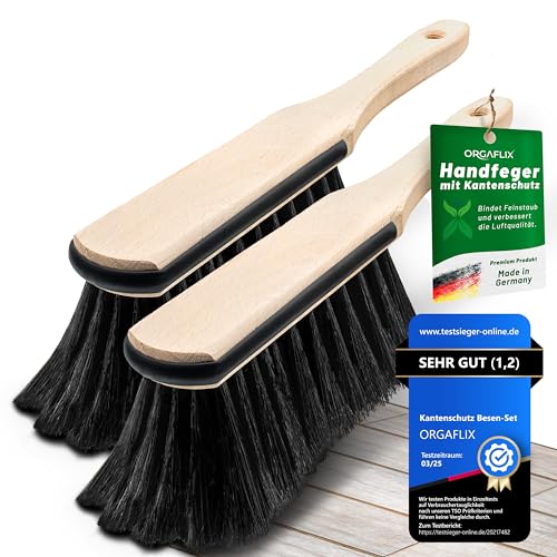 ORGAFLIX 2 Stück Premium Handfeger Rosshaar mit Kantenschutz, extra staubbindend durch hochwertige Rosshaarmischung, Handbesen ohne Besen, Hand-Rosshaarbesen, Hand-Kehrbesen, Made in Germany von ORGAFLIX