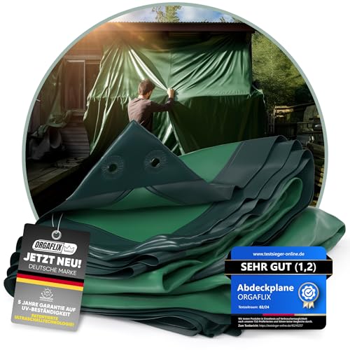 ORGAFLIX Premium Abdeckplane 4x5m wasserdicht & UV-beständig mit 5j. Garantie, Extrem reißfeste Plane mit 3-Fach verstärkten Ösen, Tarp, Gewebeplane vielseitig einsetzbar, Holz, Schutz, Camping von ORGAFLIX