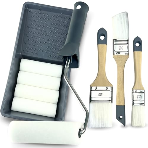 ORGAFLIX Profi Lackierwalze Set 10 tlg. - Malerset inkl. 5 Schaumstoffrolle 11cm, Farbwanne - Malerpinsel Set mit Fensterpinsel und 2 Lackpinsel, Malerrolle, Lackrollen für Lacke von ORGAFLIX