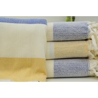 40x70 Frottee Handtuch 100x180 cm Tuch Baumwollhandtuch Sax Blau Weiß Und Senfhandtuch Peshtemal Geschenktuch Bct-Try von ORGANICTURKISHTOWEL