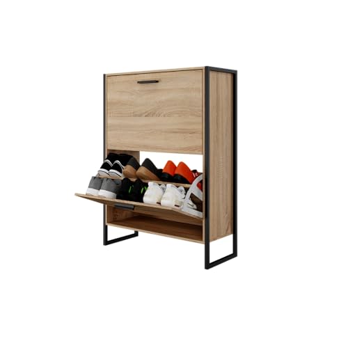 ORGANIZE 80Organize Schuhregal, 12 Paar – Schrank mit großer Kapazität für Eingang, Flur, industrielles Design – L 60 x T 24 x H 80 cm – helles Holz, Gestell Metall schwarz von ORGANIZE