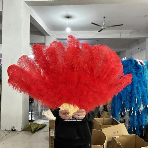 ORGEFY 13Bone Handfächer aus Straußenfedern für Tänzer, Shows, Bühnenauftritte, Dekoration, Faltbarer Bastelfächer mit Straußenfedern, 90 cm, Rot, Zwei Hände von ORGEFY