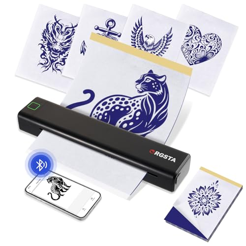 ORGSTA S008 Tätowier Schablonendrucker Bluetooth Thermodrucker Tattoo mit 10 Stück Papier, Tattoo Vorlage Ducker Kabelloser Thermodrucker für Künstler und Anfänger von ORGSTA