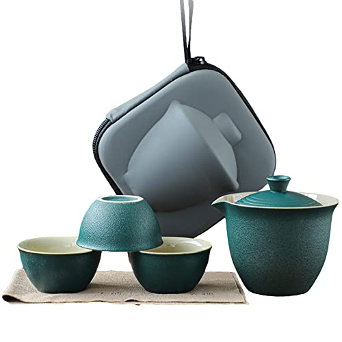 ORHA Reise-Teeset aus Keramik, Mini-Gongfu Teekannen-Set, tragbar, Gaiwan mit 3 Teetassen für Reisen, Picknick, Geschenk (grün) von ORHA