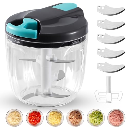 ORHOMELIFE Zwiebelschneider Manuell Gemüseschneider 900ml Zwiebel Zerkleinerer, Multizerkleinerer Onion Cutter Food Chopper, Küchen Zubehör für Gemüse, Obst, Nüsse 1 Schneebesen 5 Ersatzklingen von ORHOMELIFE