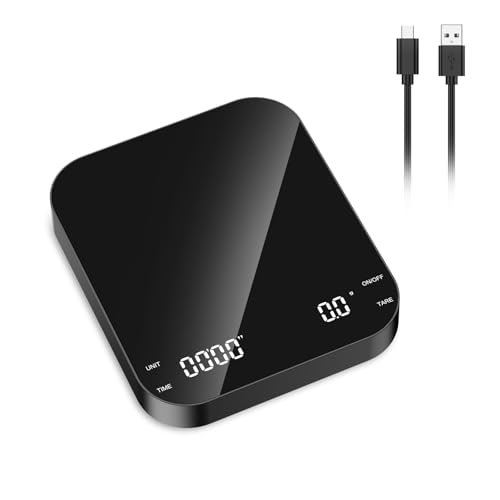 ORIA Digitale Kaffeewaage mit Timer, 3kg/0,1g Hochpräzise Küchenwaage, mit LED-Bildschirm, g/oz/ml, Tara, Auto-Aus, Type-C Wiederaufladbare Feinwaage von ORIA