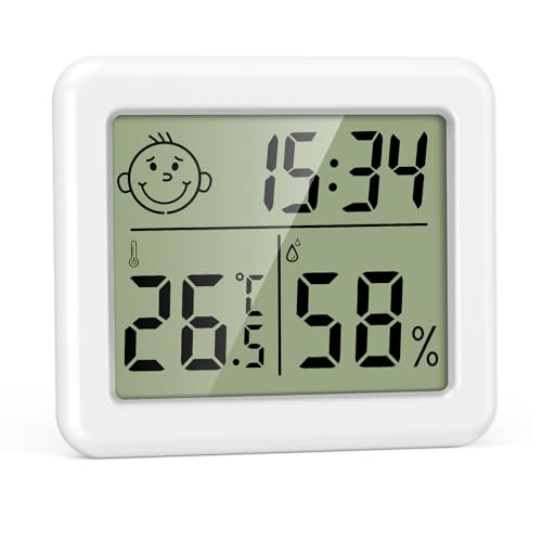 ORIA Digitales Thermometer Hygrometer Mini, Innen Luftfeuchtigkeitsmessgerät Temperatur-Monitor, mit Uhrzeitanzeige, Luftkomfort-Anzeige, °C/°F, Raumthermometer für Hotel, Büro, Haus von ORIA
