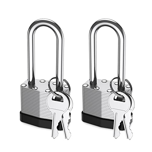 ORIA Edelstahl Vorhängeschlösser, 2er Pack Langem Bügel Hochleistungs Vorhängeschloss, mit 2 Schlüssel, Wasserdicht Laminiert Stahl Schloss Laminated Padlock, für Spind, Fitnessstudio, Garage von ORIA