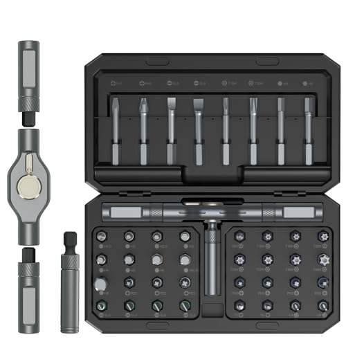 ORIA Ratschenschraubendreher Set, 42 in 1 Magnetischer Präzisions Schraubendreher Set mit 40 Stück S2 Bits, Drehbarem Ratschengriff, Magnetisierer, für Fahrrad, Haushaltsgeräte - Schwarz von ORIA