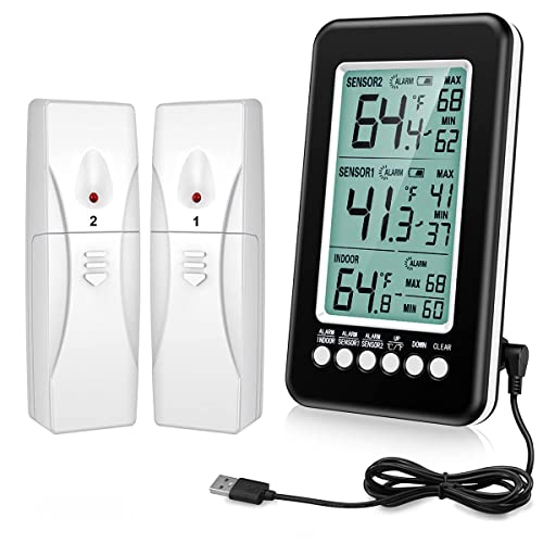 ORIA Kühlschrank Thermometer, Digitales Gefrier Thermometer mit 2 Sensor, Refrigerator Freezer Thermometer Innen Außen Thermometer, Temperatur Alarm, MIN/MAX, USB/Batterie betrieben von ORIA